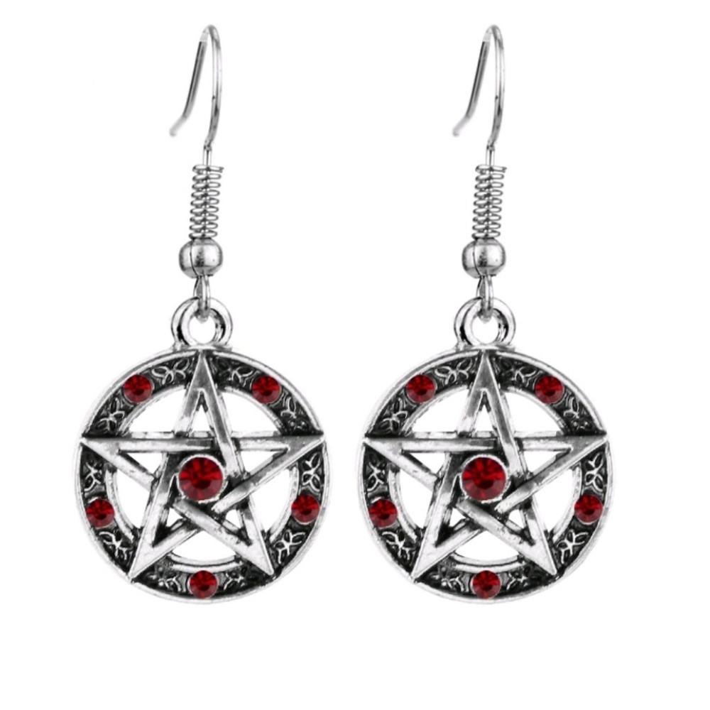 Pentagram dangle earrings with red stones wiccan